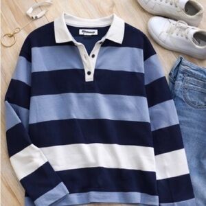 Madewell Rugby Stripe Long Sleeve Polo | Coastal Blue Oversized Top